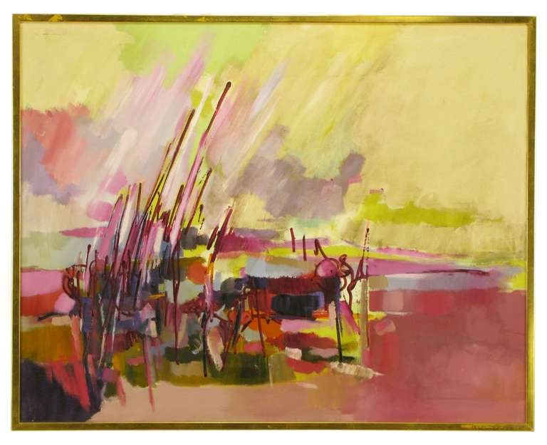 Pintura abstracta al óleo sobre lienzo titulada 