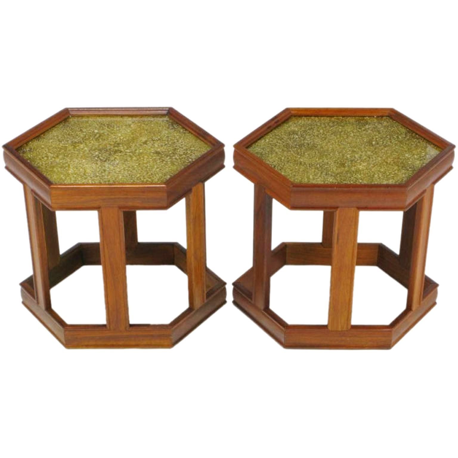Pair of Brown Saltman Walnut and Reverse Painted Glass Side Tables