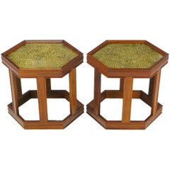 Pair of Brown Saltman Walnut and Reverse Painted Glass Side Tables