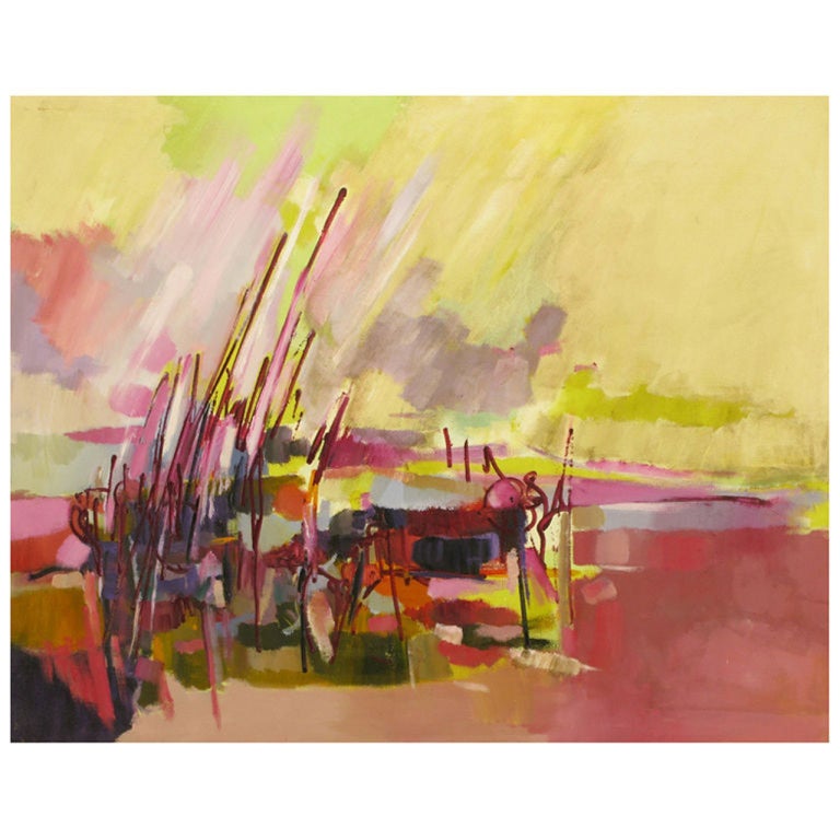 Huile abstraite sur toile intitulée « Everglades », en améthyste et jaune