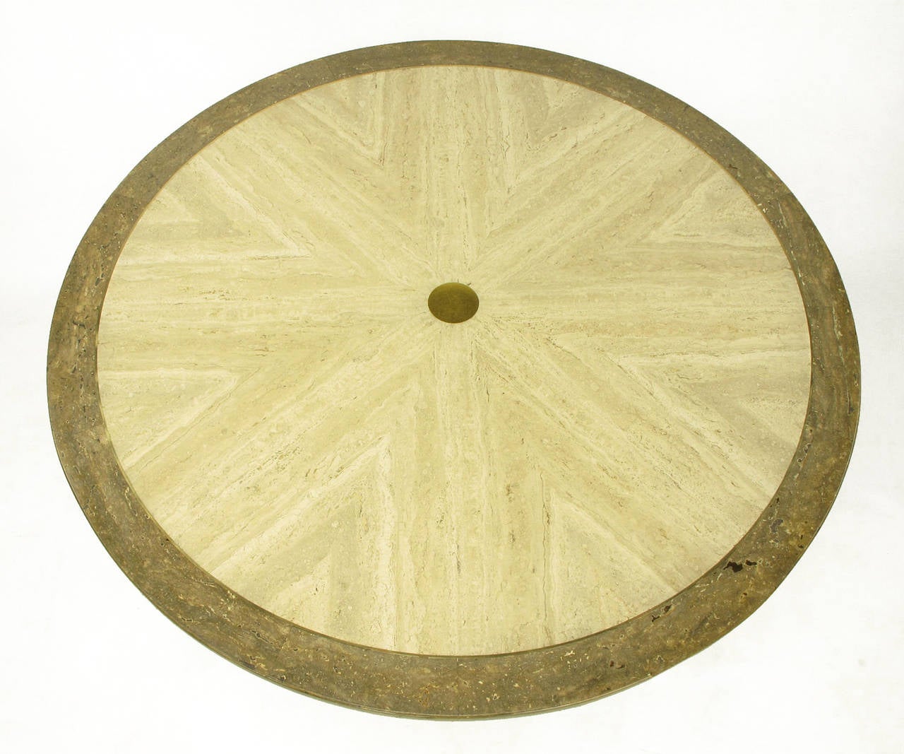 Américain Table de jeu John Widdicomb en broussin de noyer et travertin en rayons de soleil avec incrustation de laiton en vente
