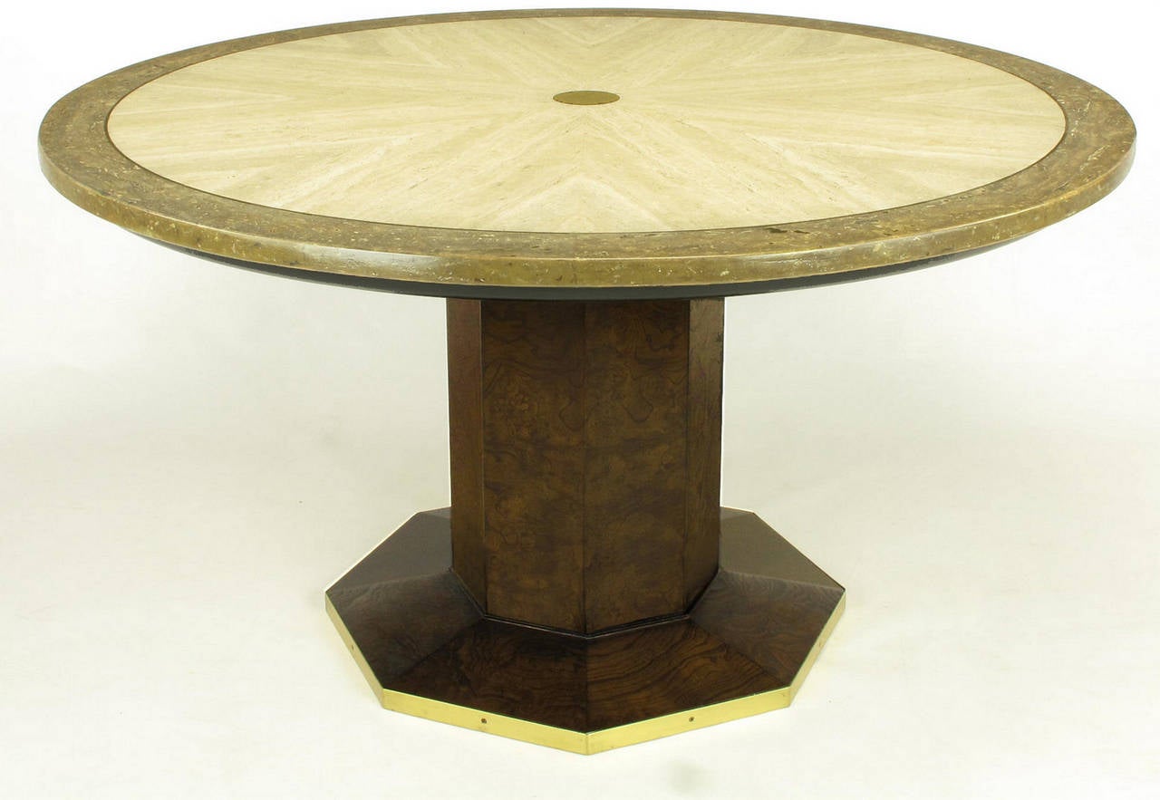 Elegant travertine and burl walnut game table by John Widdicomb. Octagonal base is banded with brass and veneered with beautifully grained burl walnut. The top is travertine over wood in a parquetry star pattern with a brass inlaid medallion to the