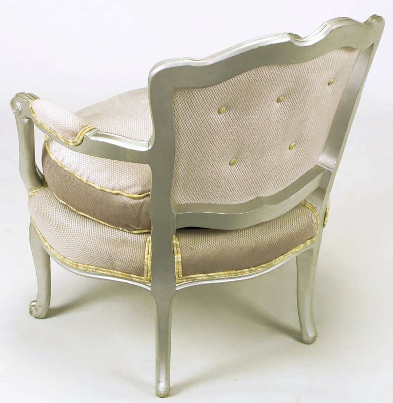 Pair of Silver Lacquer Button Tufted Velvet Louis XV Fauteuils In Good Condition For Sale In Chicago, IL