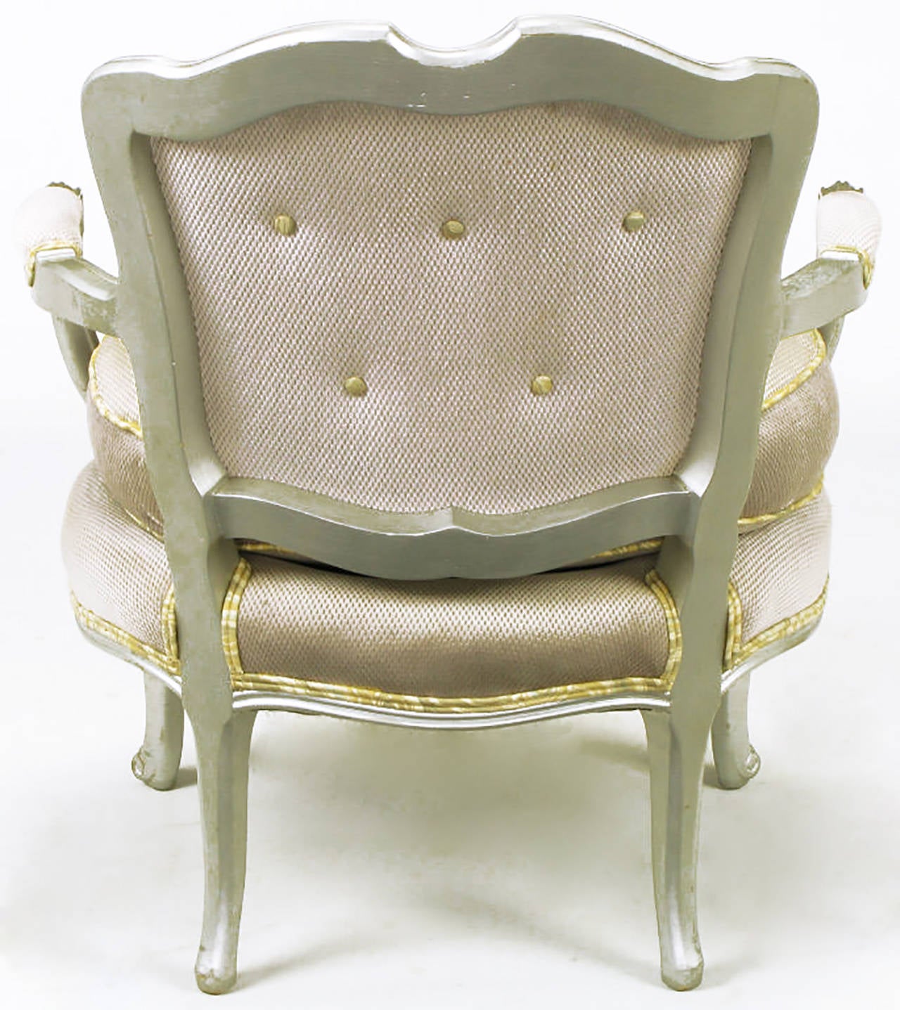 Mid-20th Century Pair of Silver Lacquer Button Tufted Velvet Louis XV Fauteuils For Sale