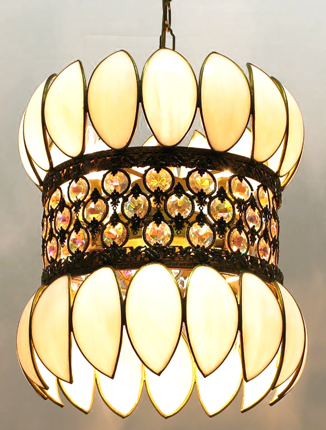 Brass Filigree and White Opalescent Glass Pendant Light