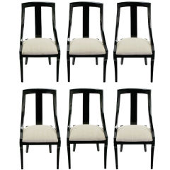 Six Italian Black Lacquered & Moire Dining Chairs