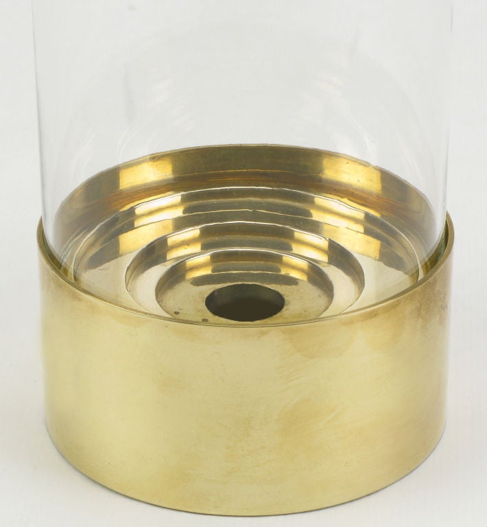 20th Century Three Chapman Brass & Glass Hurricane Shade Candle Sticks