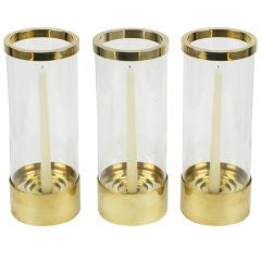 Vintage Three Chapman Brass & Glass Hurricane Shade Candle Sticks
