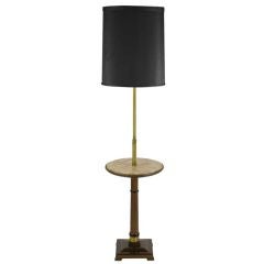 Vintage Walnut & Brass Floor Lamp With Herringbone Travertine Table Top