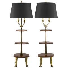 Pair Empire Style Three-Tier  Walnut & Brass Floor Lamps