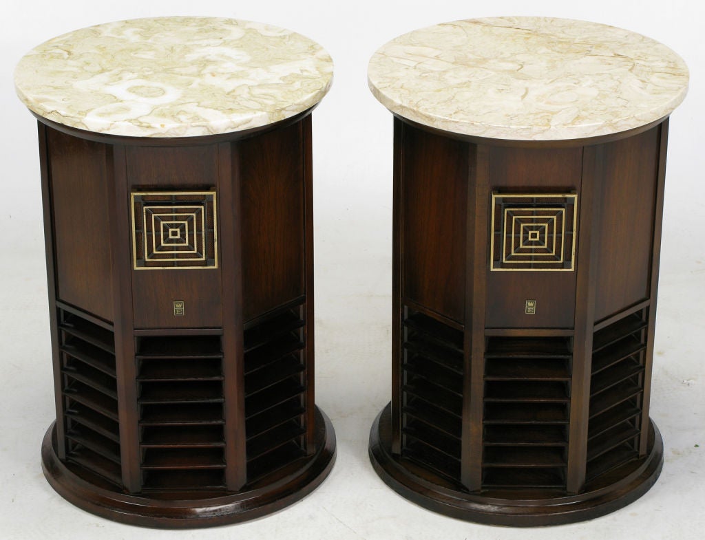 Pair of walnut and marble octagonal end tables with enclosed speakers by Long Island NY high end audio manufacturer Empire. Functional as speakers as well as end tables or pedestals.  Could also be retrofitted with subwoofers for a compact home