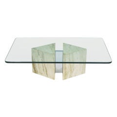 Double Arrowhead Form Travertine & Chrome Glass Top Coffee Table