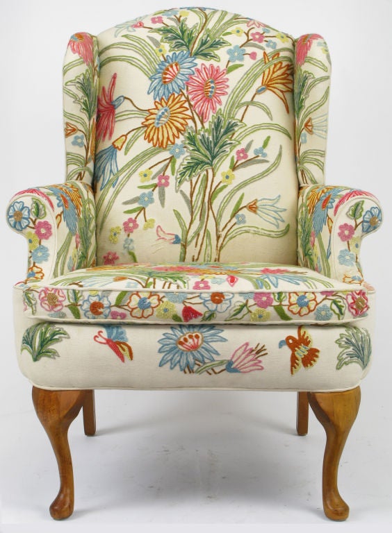 Mid-20th Century Colorful Floral Wool Crewel Upholstered Wing Chair
