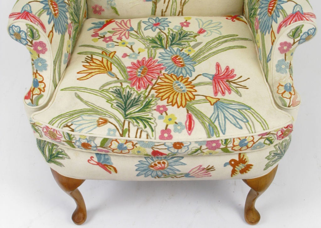 Colorful Floral Wool Crewel Upholstered Wing Chair 1