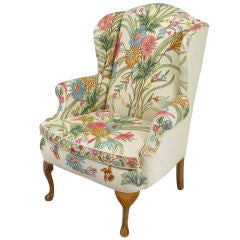 Vintage Colorful Floral Wool Crewel Upholstered Wing Chair