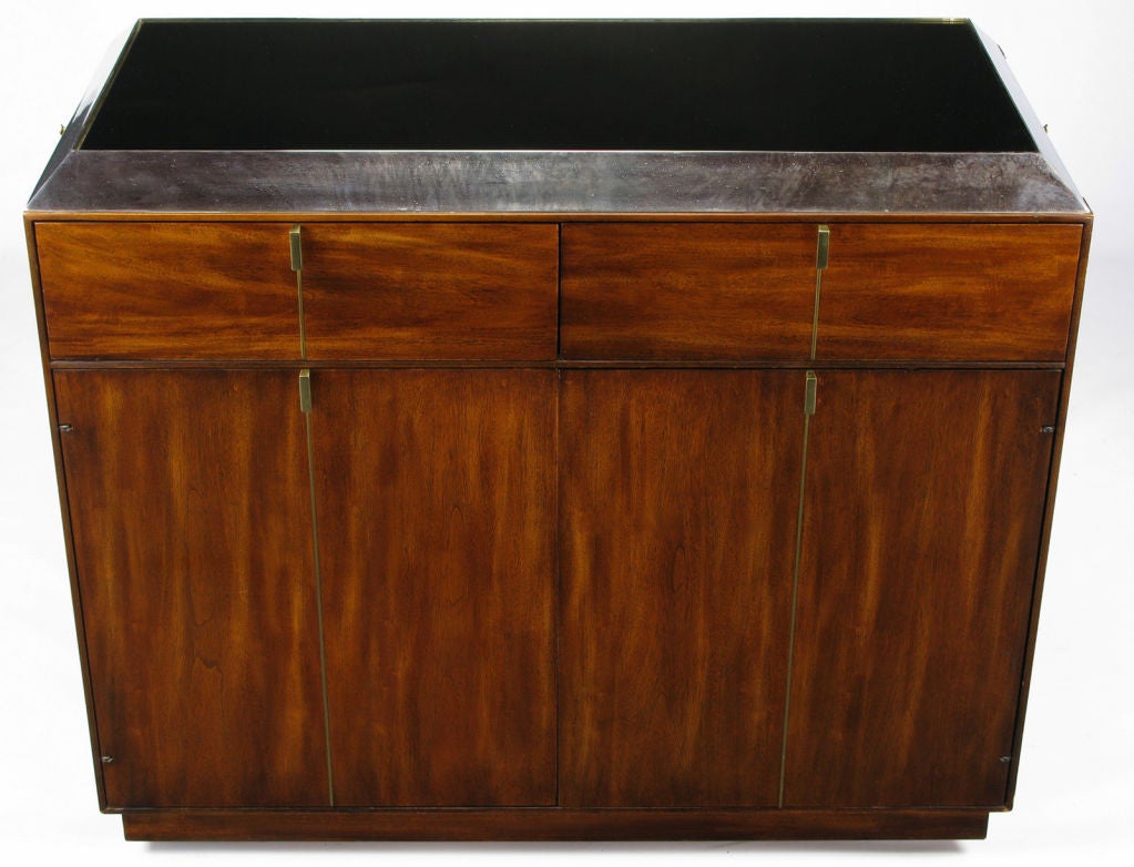 American Walnut & Patinated Nickel Rolling Server-Bar Cabinet By Hickory