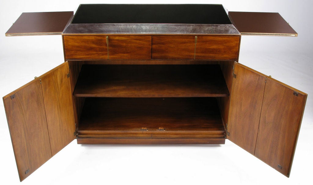 Inlay Walnut & Patinated Nickel Rolling Server-Bar Cabinet By Hickory