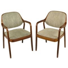 Pair Don Pettit for Knoll Bent Mahogany Wood Arm Chairs