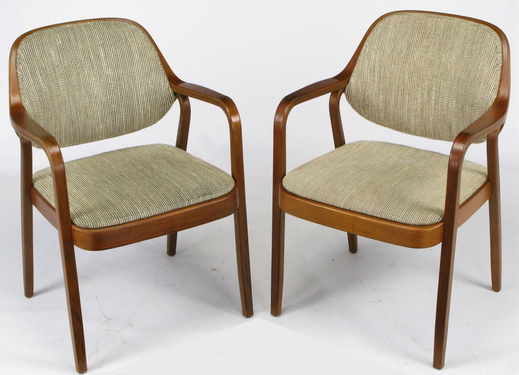 Pair of bent wood arm chars by Don Pettit for Knoll. Two lengths of pressed and bent layers of sculpted wood make up the legs and arms as well as the seat back frame. The only other exposed and finished wood is the seat apron. Original Knoll