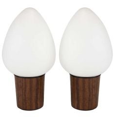 Pair Ovoid Milk  Glass Table Lamps On Wood Grain Bases
