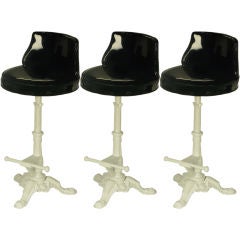 Retro Three White Lacquered Metal & Black Patent Upholstery Stools