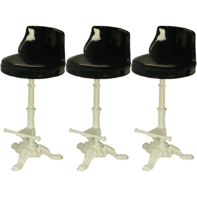Three White Lacquered Metal & Black Patent Upholstery Stools