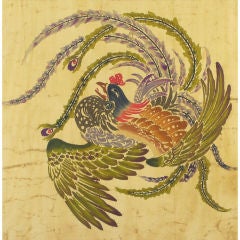 Vintage Large Colorful Peacock Silk Batik Panel