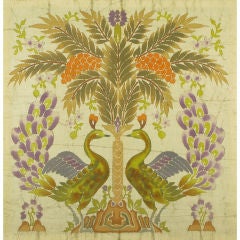 Vintage Large Silk Batik Mounted Panel Of Peacocks, Flowers & Tree