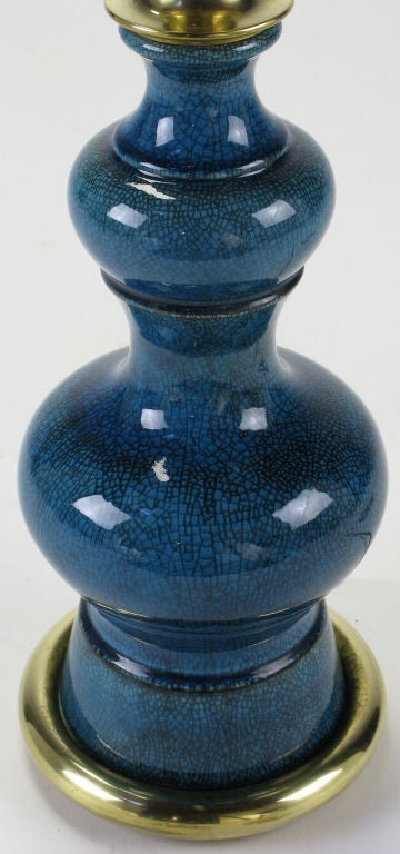 Brass Pair Stiffel Blue Crackle-Glaze Gourd Form Table Lamps