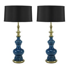 Vintage Pair Stiffel Blue Crackle-Glaze Gourd Form Table Lamps