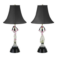 Pair Italian Murano Glass African Women Table Lamps