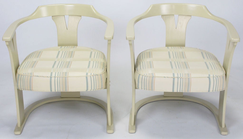Pair Bone Lacquer Sled Base Barrel Chairs