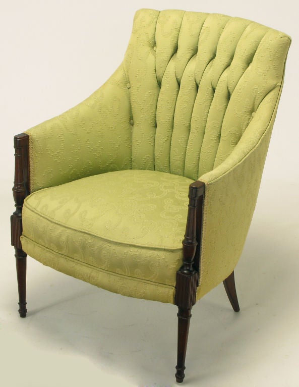 Mahogany Pair 1940s Button Tufted Barrel Back Lounge Chairs