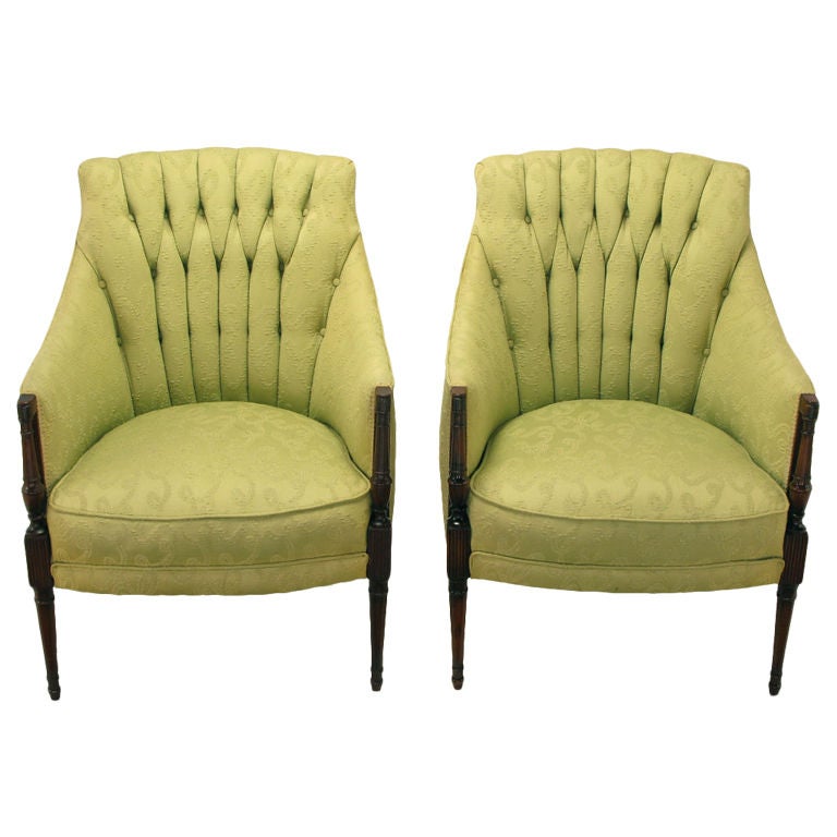 Pair 1940s Button Tufted Barrel Back Lounge Chairs