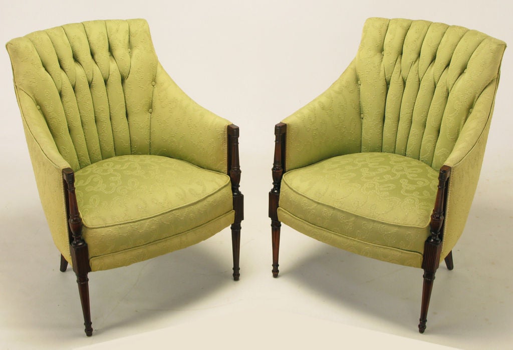 American Pair 1940s Button Tufted Barrel Back Lounge Chairs