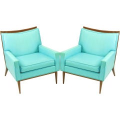Pair Paul McCobb Turquoise & Walnut Club Chairs