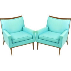 Pair Paul McCobb Turquoise & Walnut Club Chairs