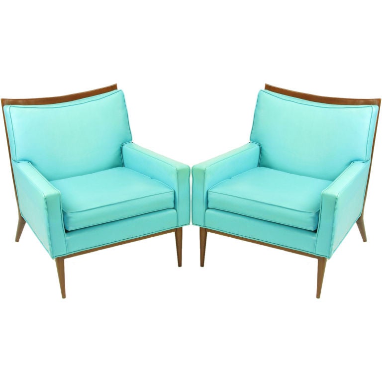 Pair Paul McCobb Turquoise & Walnut Club Chairs