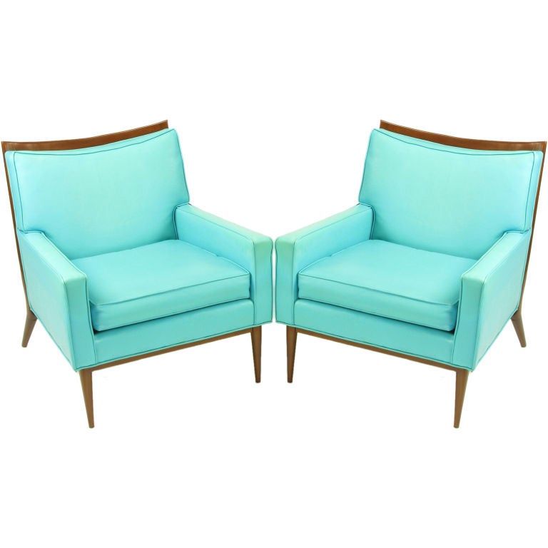 Pair Paul McCobb Turquoise & Walnut Club Chairs