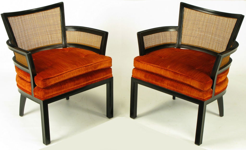 Pair Baker Ebonized Mahogany & Cane Button Tufted Arm Chairs