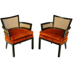 Pair Baker Ebonized Mahogany & Cane Button Tufted Arm Chairs