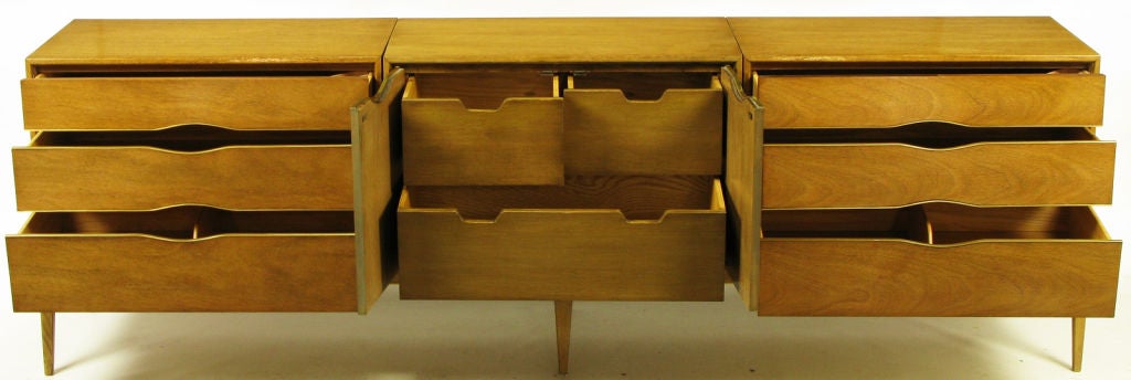Mid-20th Century Bleached Walnut & Brass Three-Part Long Dresser