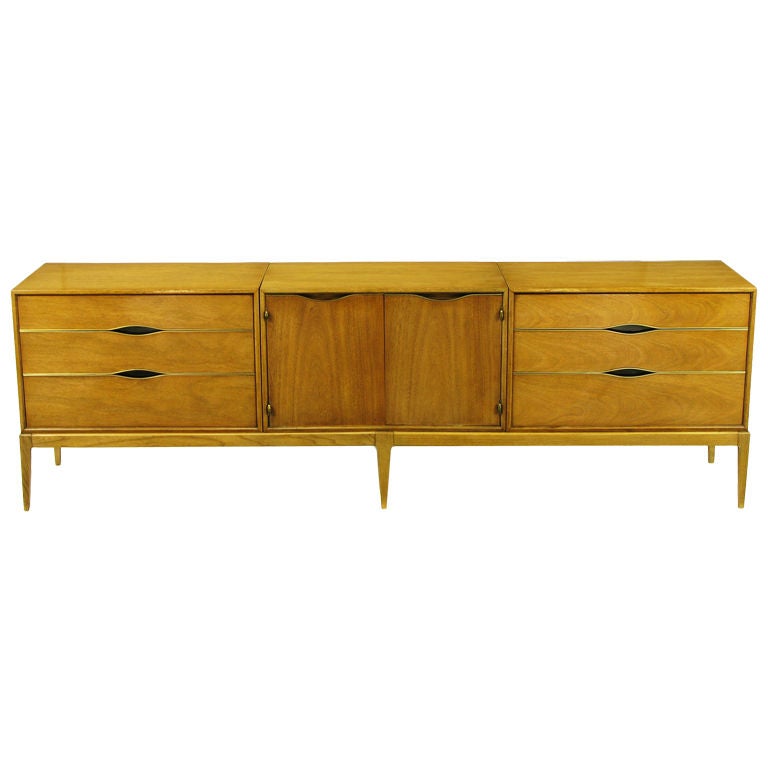 Bleached Walnut & Brass Three-Part Long Dresser