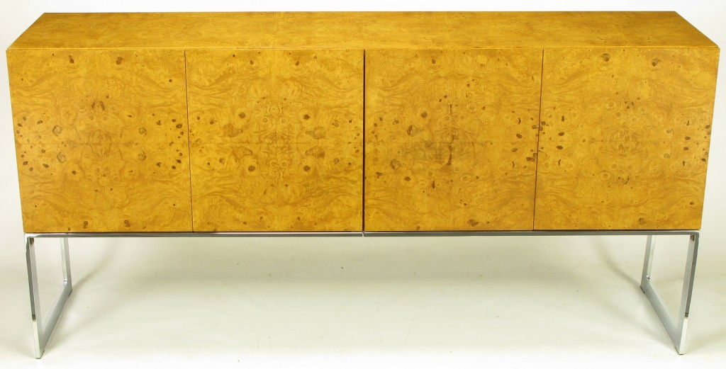 Milo Baughman Burled Olive Cabinet With Chrome Sled Base