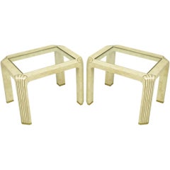 Pair Tessellated Fossil Stone & Inlaid Brass Side Tables