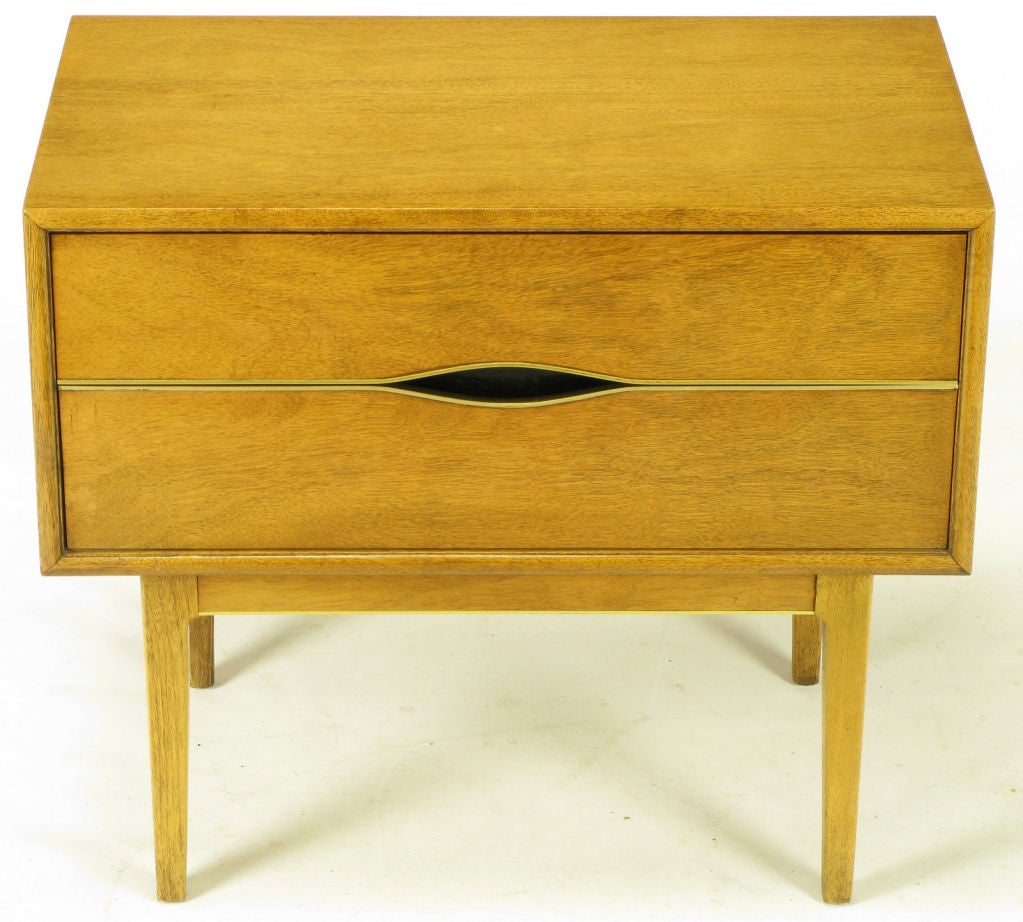 Bleached walnut and brass detailed two drawer night stand with single recessed 