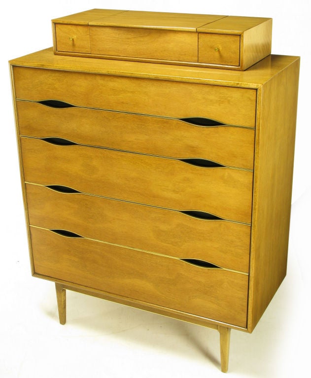 Mid-20th Century Vignola Furniture Bleached Walnut & Brass Five Drawer Tall Chest