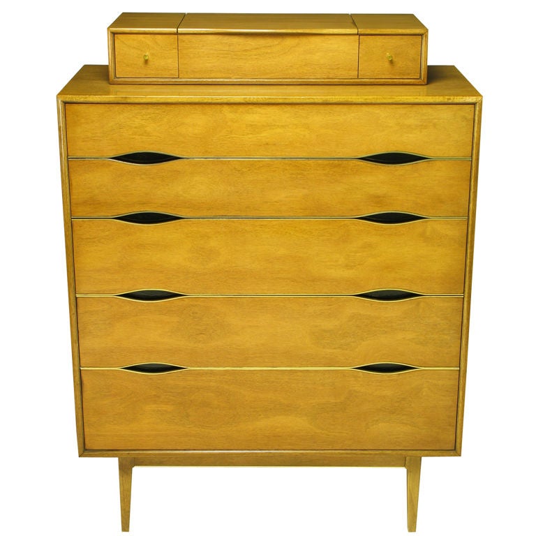 Vignola Furniture Bleached Walnut & Brass Five Drawer Tall Chest