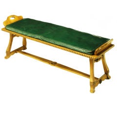 Carved White Oak & Emerald Leather Trestle Bench
