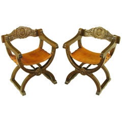 Vintage Pair Carved Oak & Umber Leather Curule Base Arm Chairs